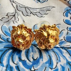 Vintage 80s Lion Head Earrings Goldtone